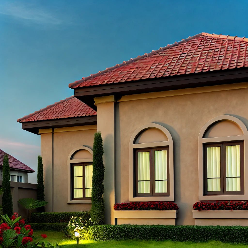 A modern sonata stucco home with smooth, white walls, arched windows, and a red-tiled roof. The home is surrounded by a vibrant garden with neatly trimmed hedges and colorful flowers. A clear blue sky enhances the bright and welcoming atmosphere.