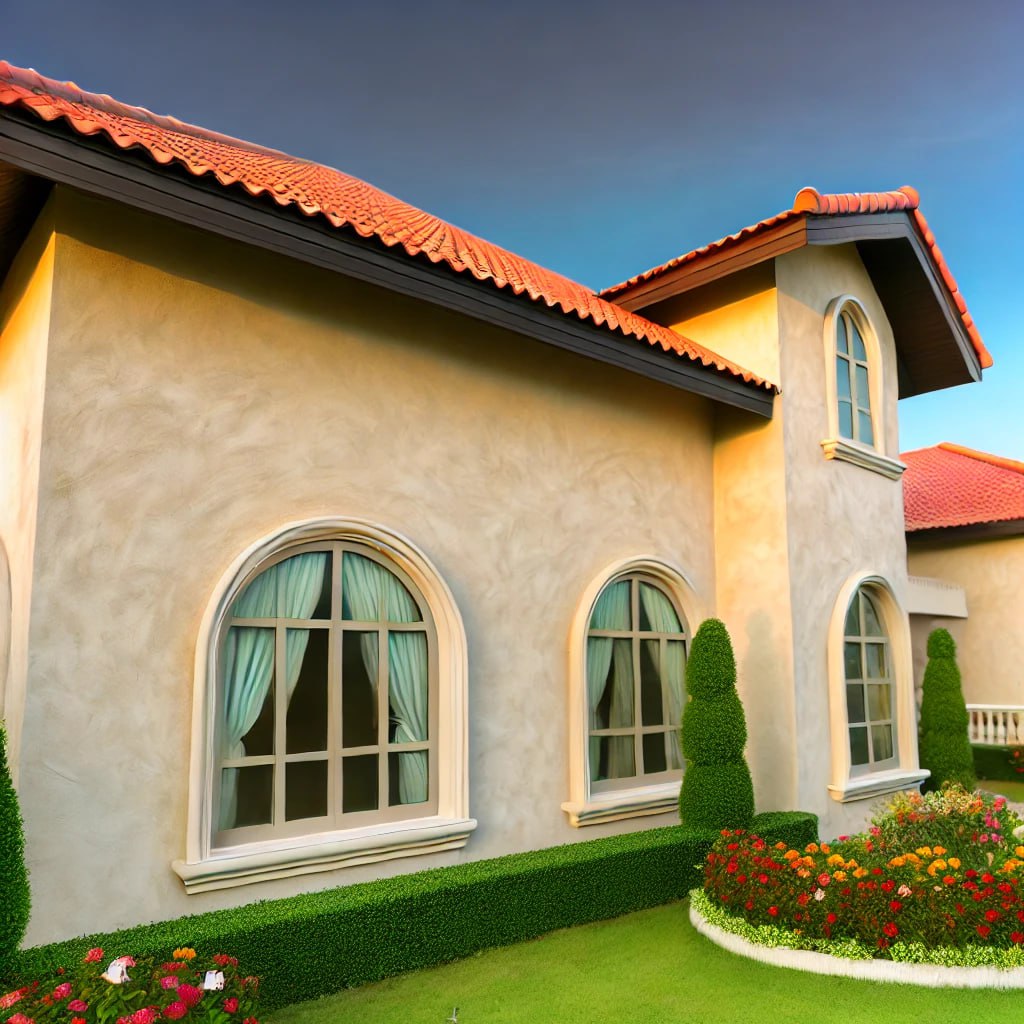 A classical-style sonata stucco home featuring beige textured walls, large arched windows, and a terracotta red-tiled roof. The house is set in a serene garden with blooming flowers and lush greenery under a soft, warm sky, creating an elegant and peaceful environment.