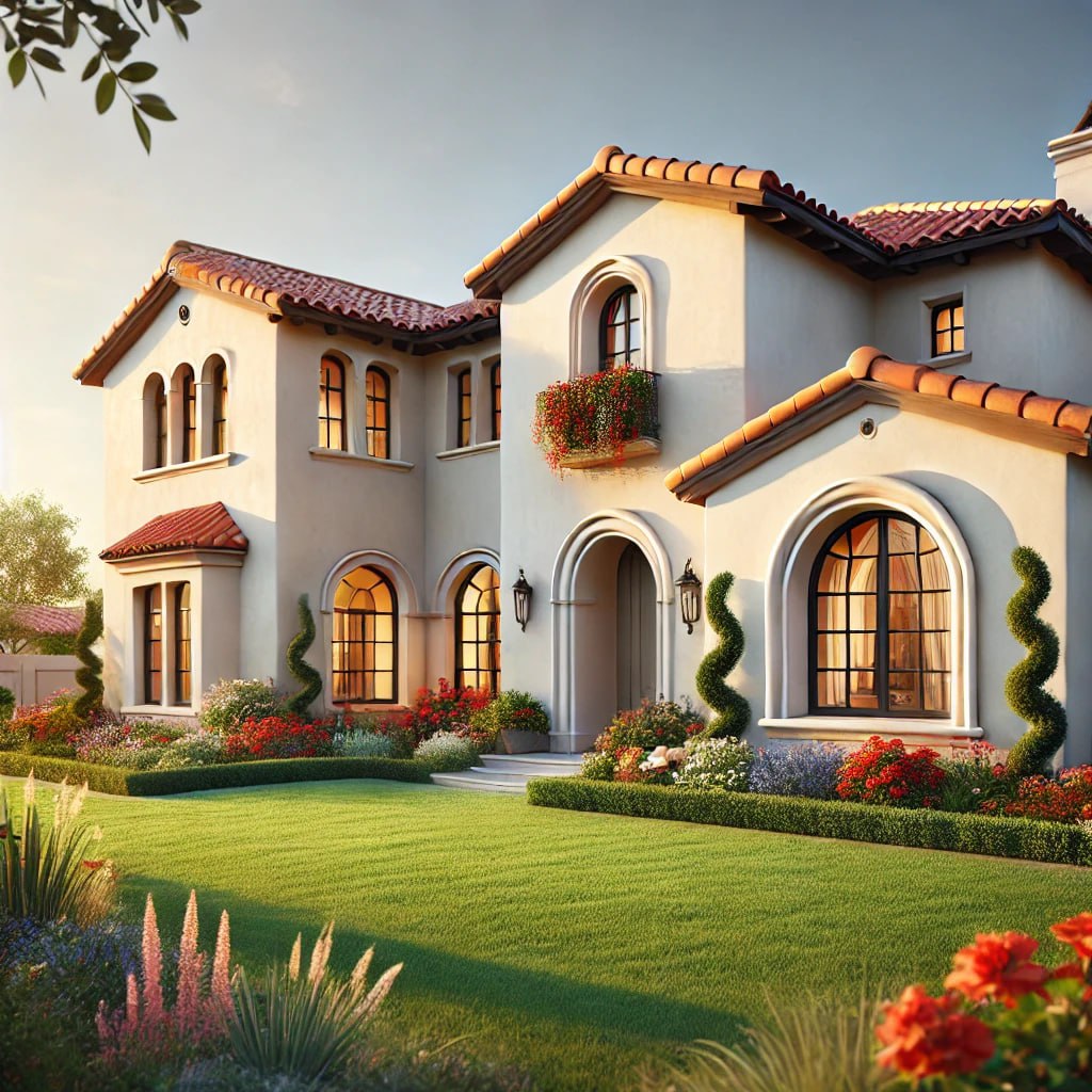 A Mediterranean-inspired stucco home with smooth white walls, arched windows, and a terracotta red-tiled roof. The home is set in a garden with colorful flowers, trimmed hedges, and a neatly maintained lawn, exuding elegance and serenity.