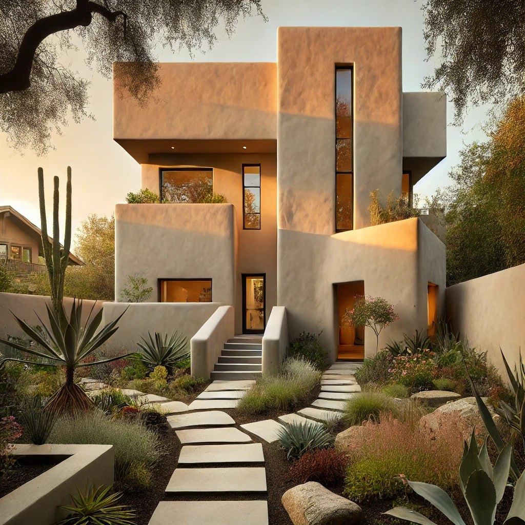 A uniquely designed stucco home with smooth beige walls, tall narrow windows, and a flat roof. Surrounded by stone pathways, vibrant plants, and trees, the home is illuminated by soft golden sunset light, blending contemporary and rustic styles.