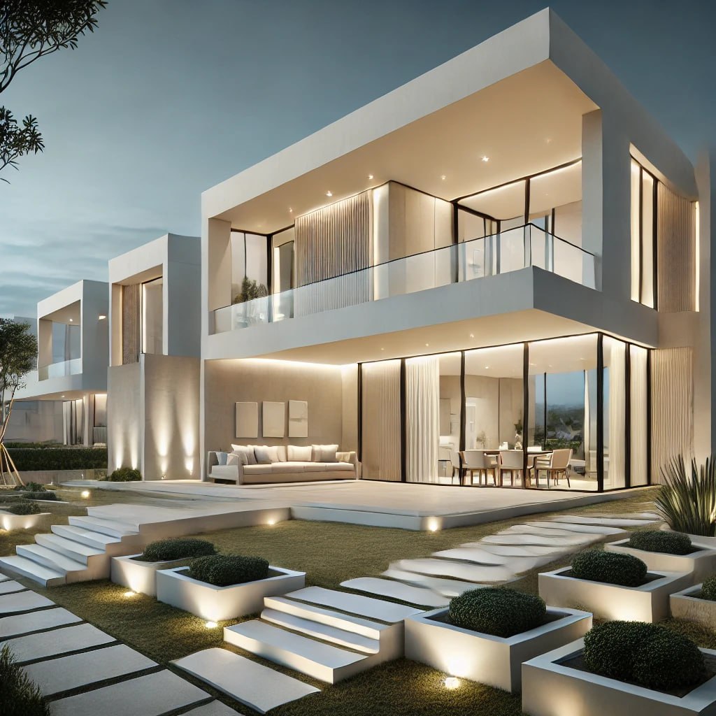 A luxurious stucco home with sleek white walls, large floor-to-ceiling windows, and a terraced rooftop garden. The minimalist landscape features geometric stone paths, creating a serene and modern environment.