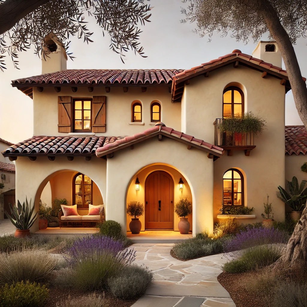 A charming Mediterranean-style  stucco home with pale yellow walls, arched doorways, wooden shutters, and a red clay-tiled roof. The front yard includes olive trees, lavender bushes, and a stone-paved walkway, creating a rustic, warm ambiance.