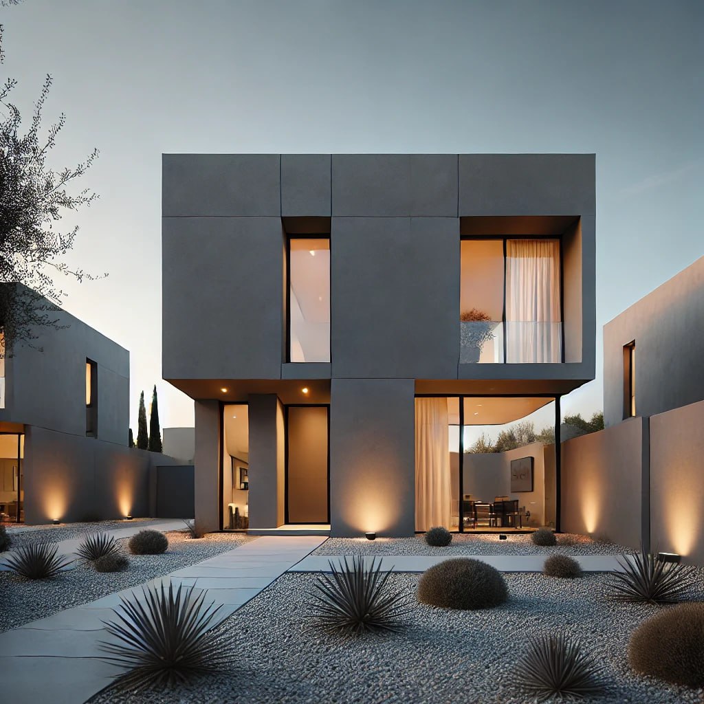 A modern sonata stucco home with sleek grey walls, narrow windows, and a flat roof. Surrounded by a gravel courtyard with drought-resistant plants, the home has a minimalist, eco-friendly vibe under warm, ambient lighting.