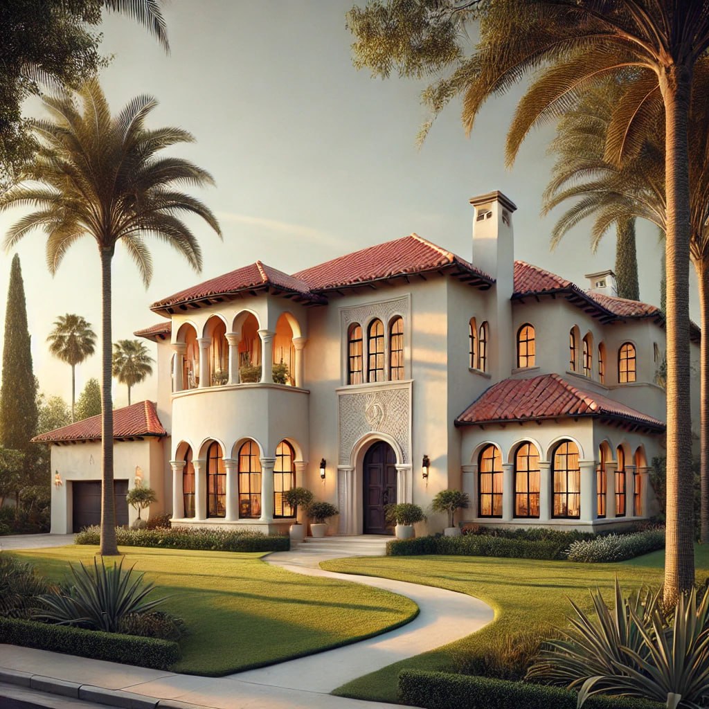 A classic villa-style stucco home with off-white textured walls, large arched windows, and a red terracotta roof. The property features a grand driveway, lush green lawn, and tall palm trees, bathed in soft golden-hour light.