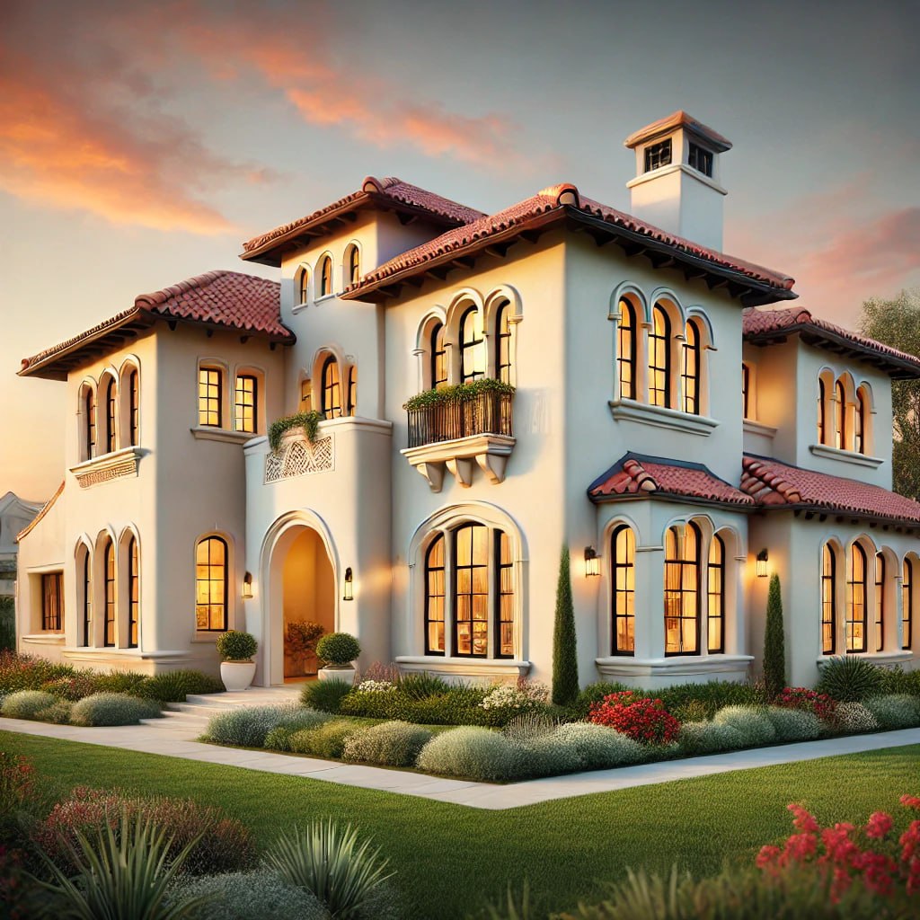 A breathtaking sonata stucco home with smooth white walls, elegant arched windows, and a terracotta red-tiled roof. Surrounded by lush greenery, vibrant flowers, and a manicured lawn, the home is bathed in golden sunset light, showcasing its serene and timeless elegance.