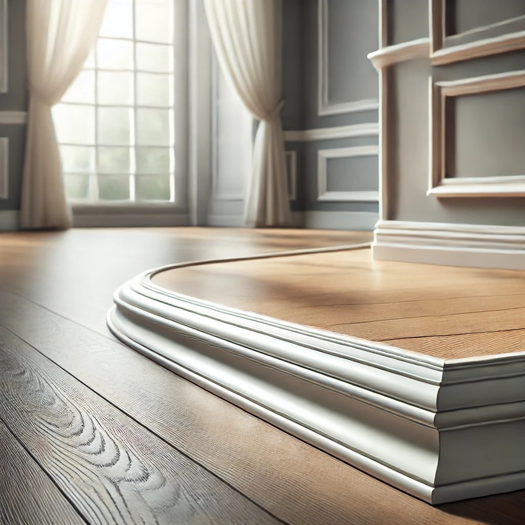 Modern room with newly installed wooden flooring and sleek white quarter round molding along the edges where the floor meets the wall, with natural light highlighting the smooth finish and polished look of the molding.