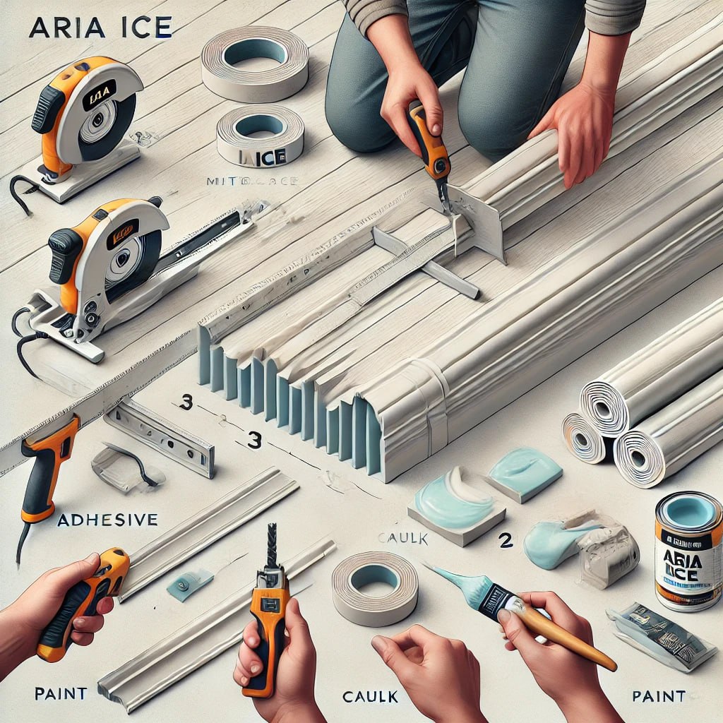 Step-by-step visual guide for installing Aria Ice Quarter Round Molding, showing the process of measuring the area, cutting the molding with a miter saw, attaching it with adhesive or nails, filling joints with caulk, and applying paint or stain for the final finish.