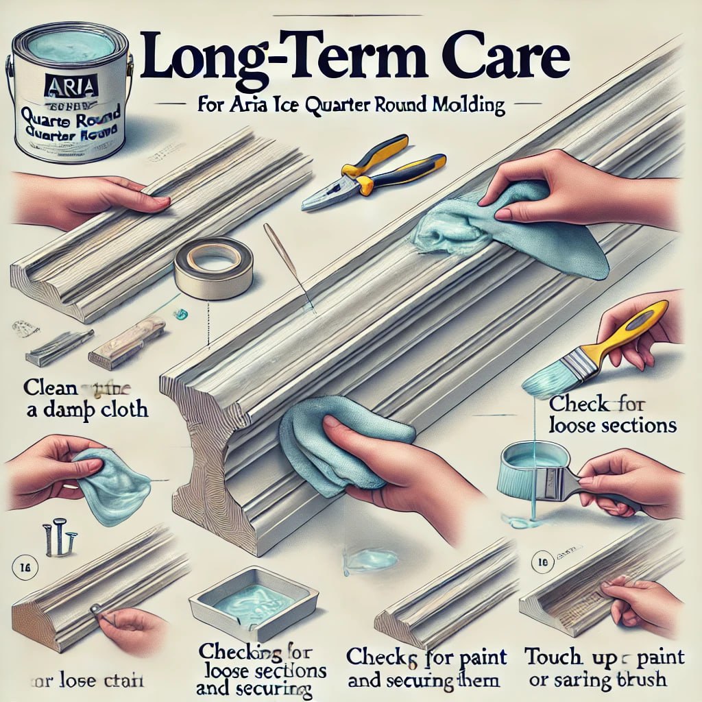 Visual representation of long-term care for Aria Ice Quarter Round Molding, showing actions like cleaning with a damp cloth, securing loose sections, and touching up paint or stain with a small brush, focused on maintaining the molding's polished look.