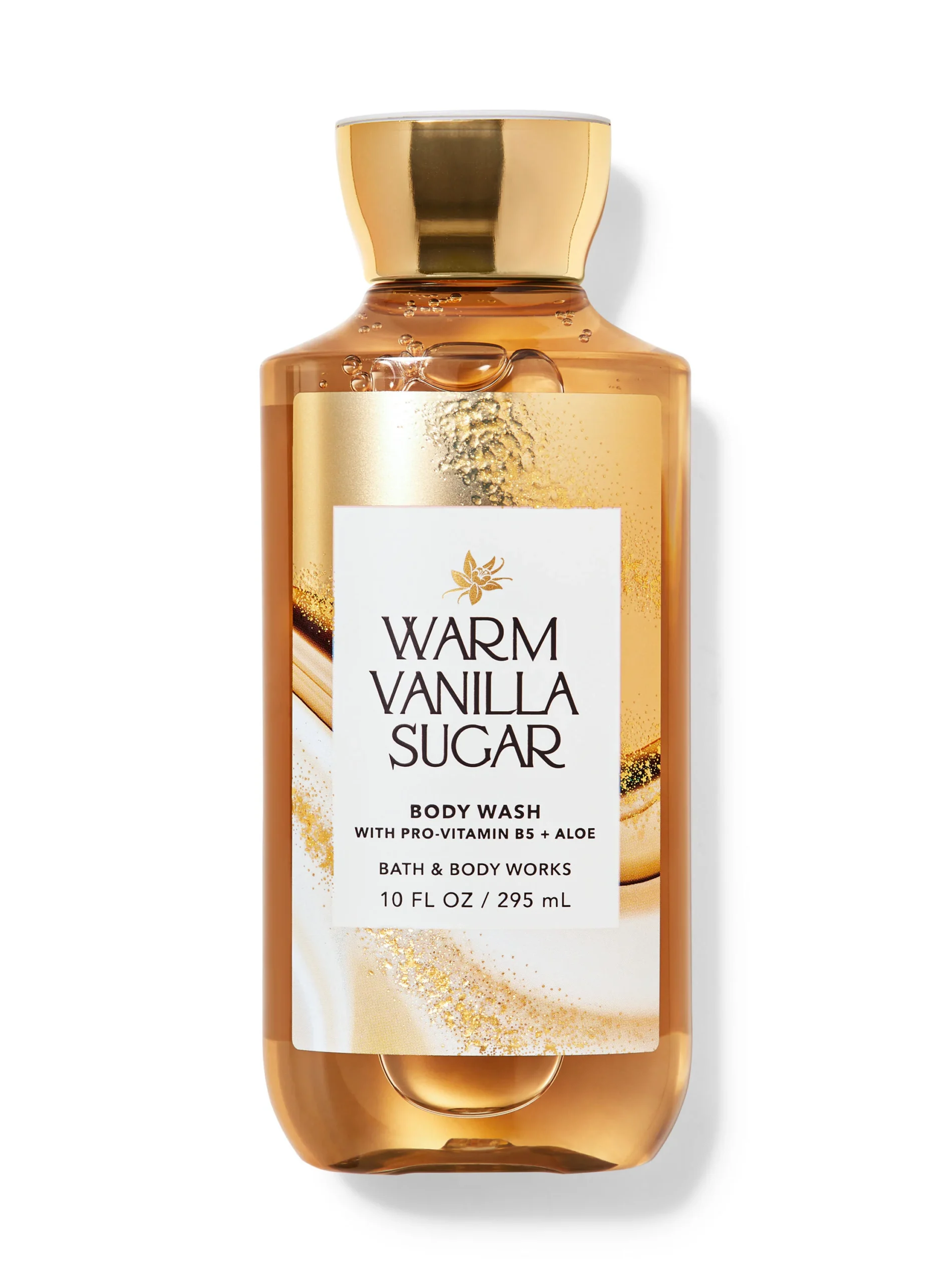 Bath and Body Works Warm Vanilla Sugar body wash, 10 fl oz bottle with Pro-Vitamin B5 and aloe.