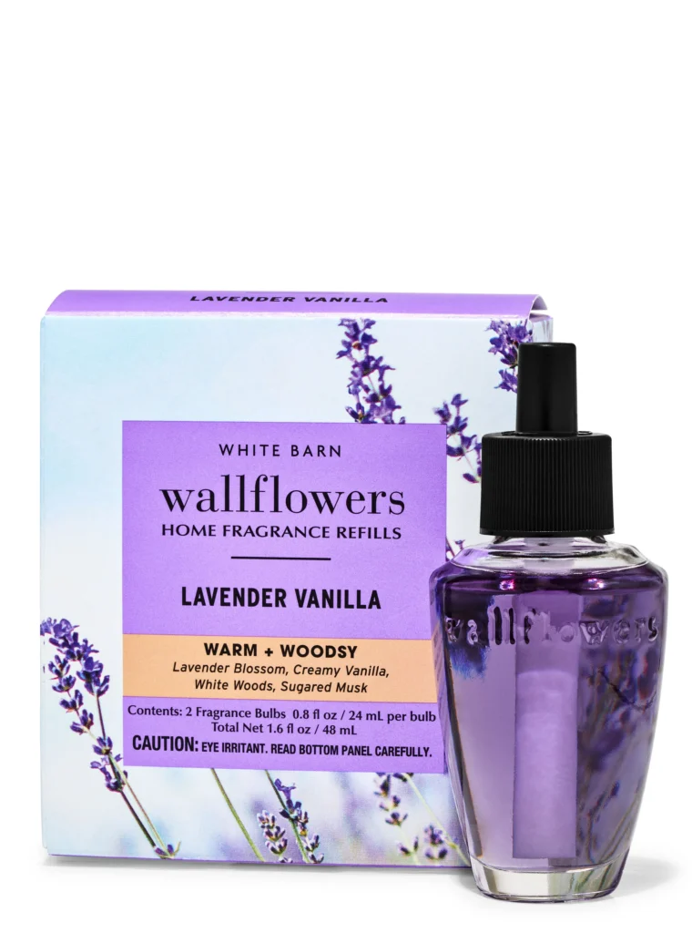 White Barn Wallflowers' home fragrance refilled in Lavender Vanilla scent, featuring warm and woodsy notes of lavender blossom, creamy vanilla, and sugared musk.