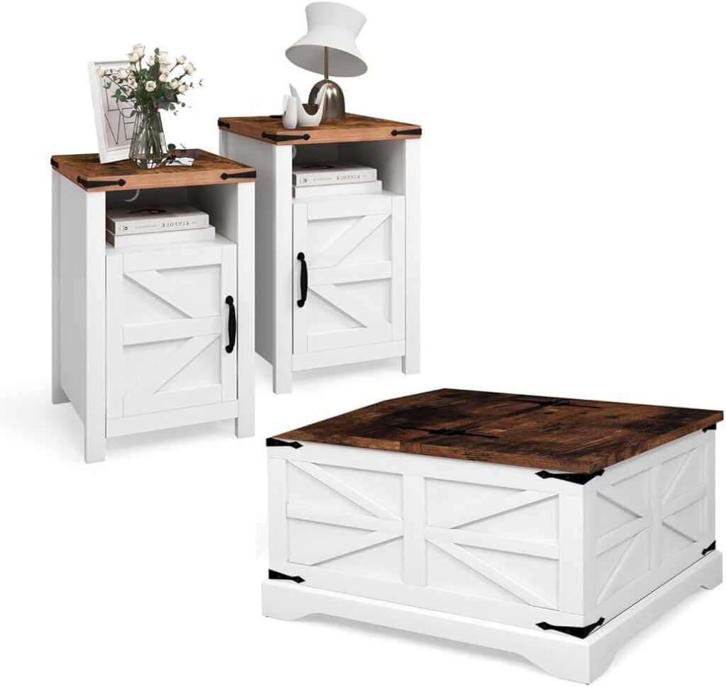 Rustic-style white side tables with wooden tops, featuring barn door designs and black metal handles. One table is decorated with a vase of flowers, while the other has a lamp. A matching white coffee table with a wooden top is also shown.