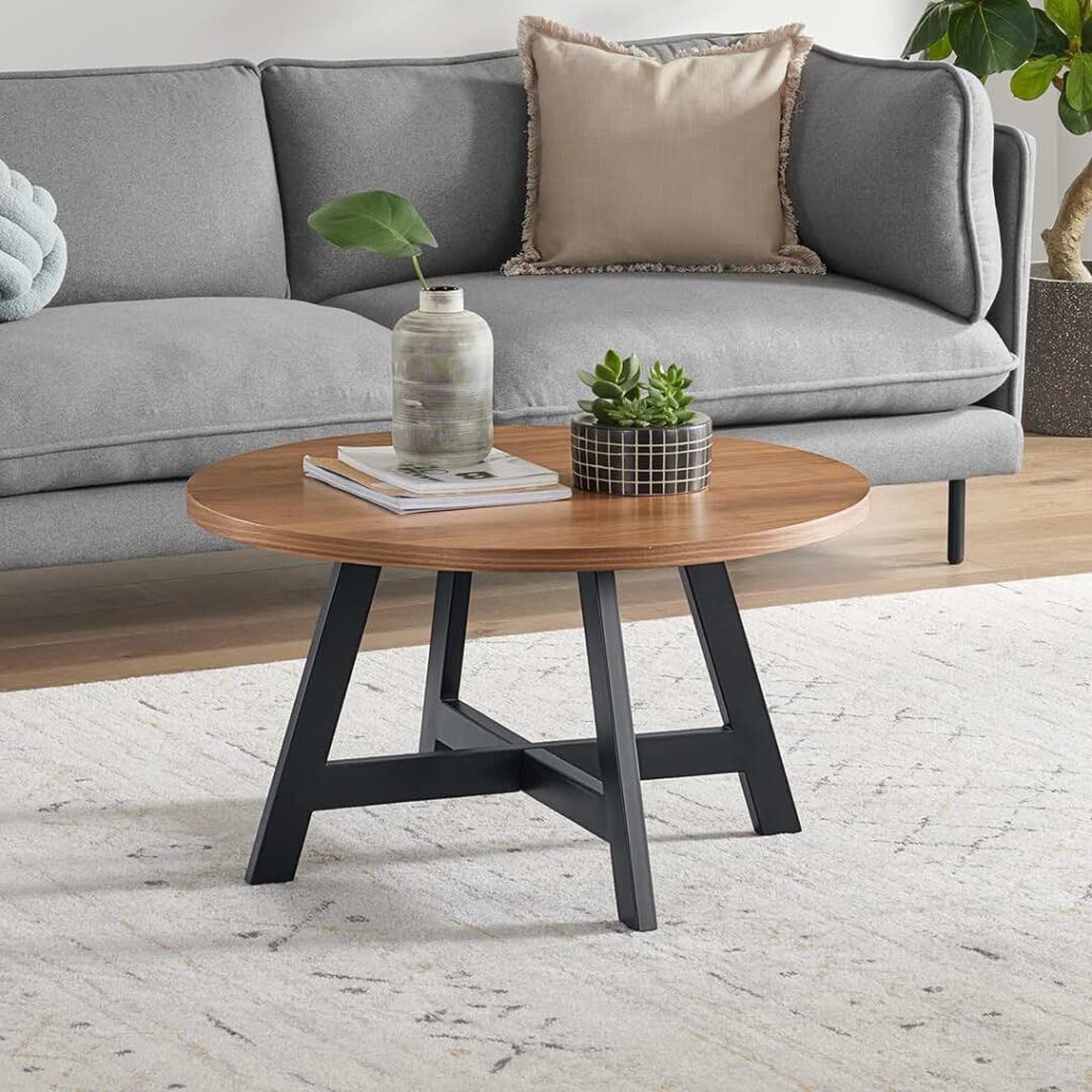 Round wooden coffee table with black metal legs, decorated with a ceramic vase and a potted succulent, placed in front of a gray sofa with neutral pillows. The room features a light-colored rug and greenery in the background.