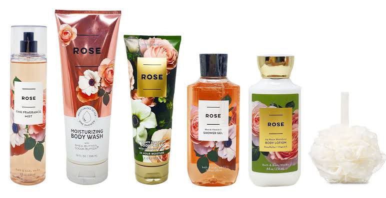 Bath and Body Works Rose collection featuring fragrance mist, body wash, body cream, shower gel, body lotion, and a bath sponge.