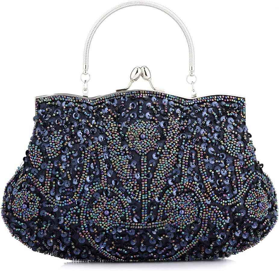 Vintage-style beaded bag with intricate black and iridescent beadwork patterns, featuring a silver clasp closure and handle, perfect for adding a glamorous touch to evening attire.