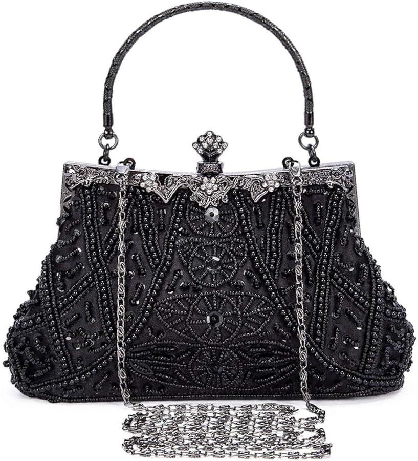 Antique-style black beaded bag with intricate beadwork, ornate silver frame, and a decorative clasp, complete with a matching chain strap for a vintage-inspired, elegant accessory.