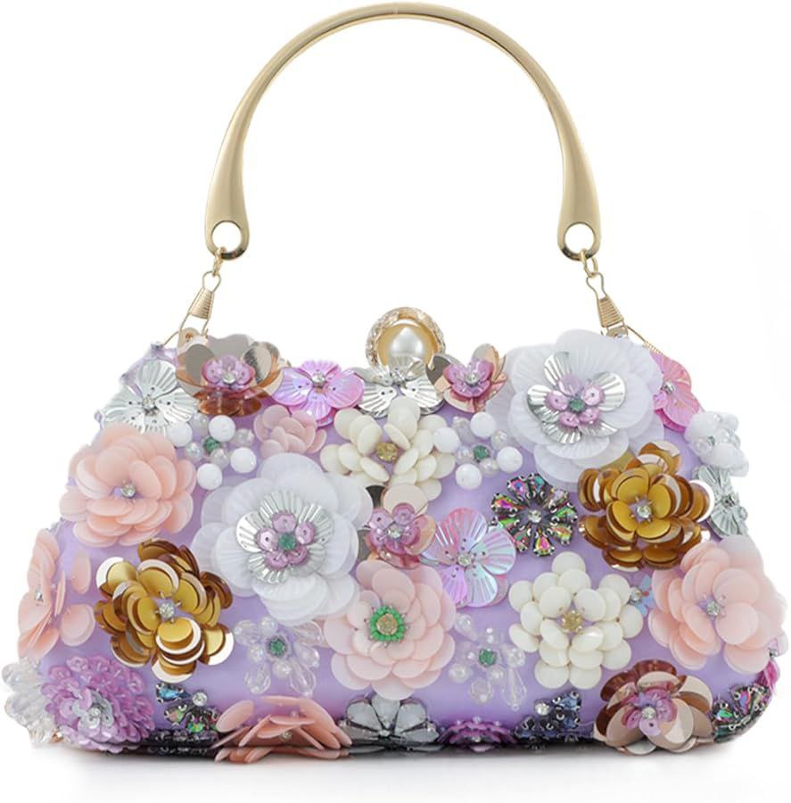 Elegant floral beaded bag with 3D flower embellishments in pastel shades of pink, purple, and gold, featuring a curved gold handle for a feminine and luxurious look.