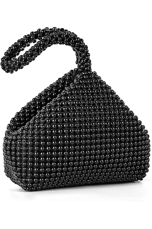 Stylish black beaded bag with a unique triangular shape and twisted handle, featuring glossy beads for a modern and edgy look.