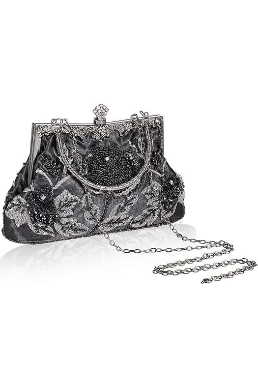 Elegant vintage-style clutch bag with intricate floral beadwork, ornate silver frame, and decorative clasp, paired with a matching chain strap for a sophisticated evening accessory.