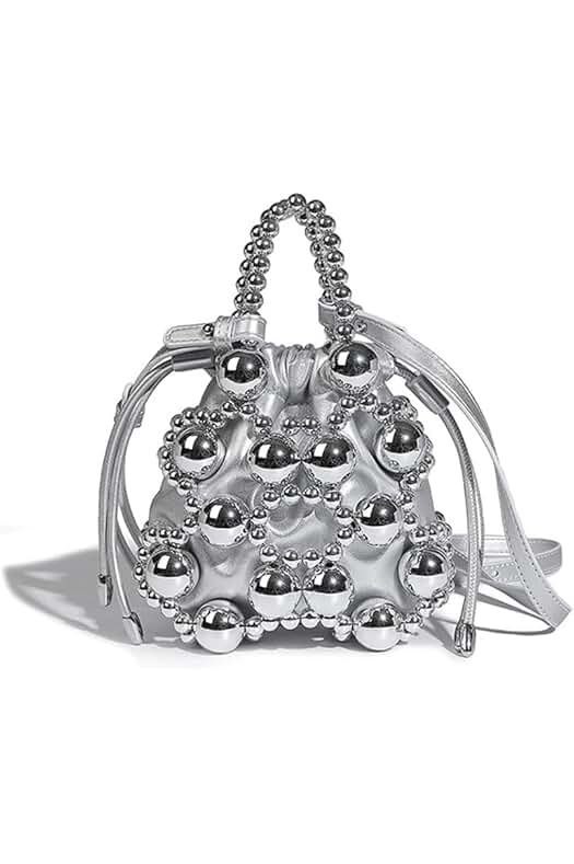 Metallic silver beaded bag with a drawstring closure and large reflective beads, combining a modern, futuristic style with a compact design.