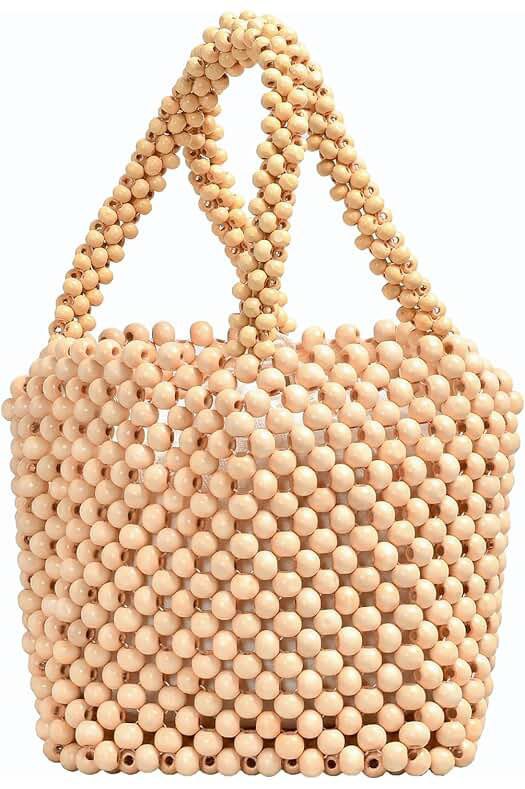 Natural wood-colored beaded bag with round beads and dual handles, showcasing intricate beadwork for a stylish and eco-friendly accessory.