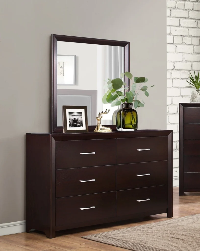 Rustic dresser with framed mirror.

