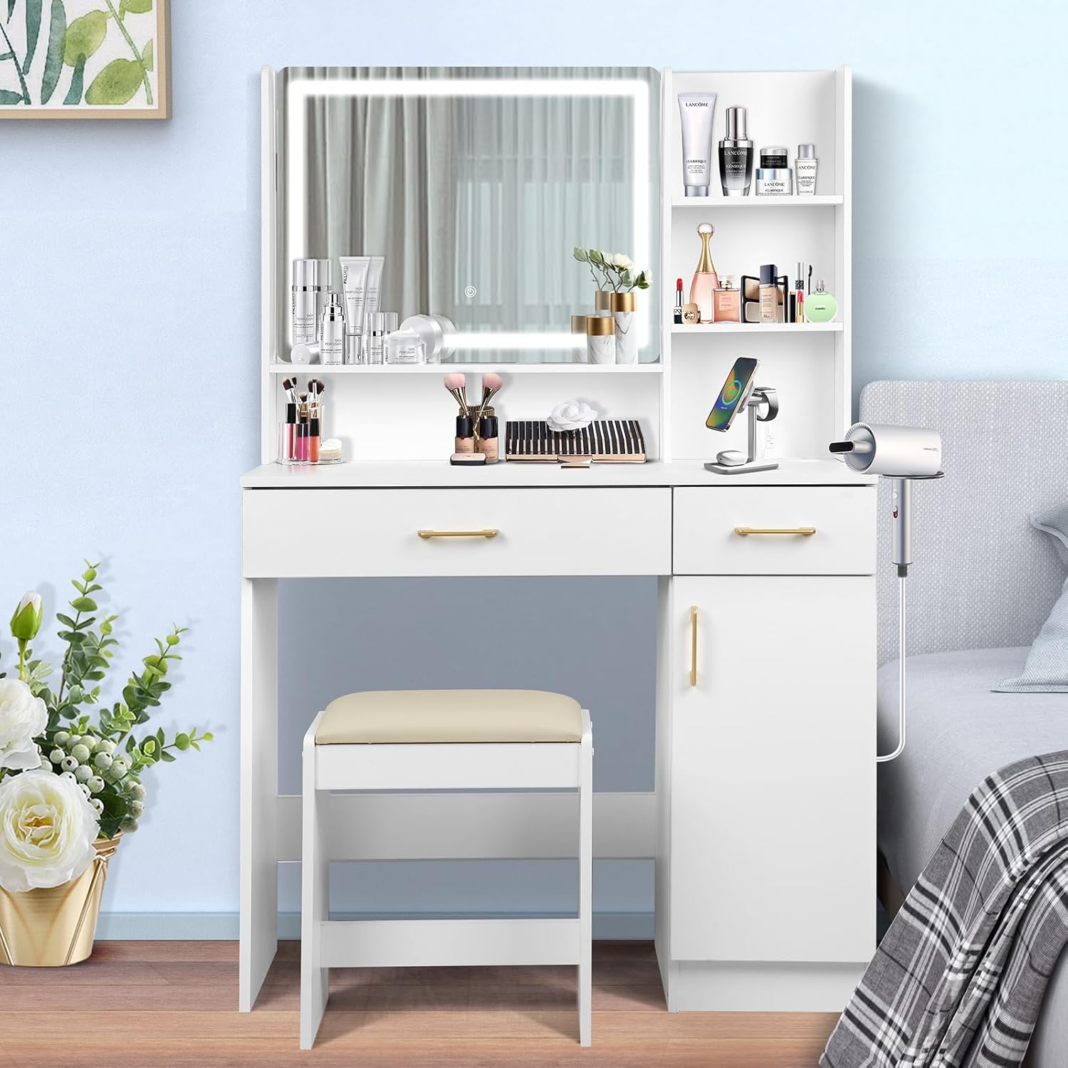 Modern white dresser with attached mirror.

