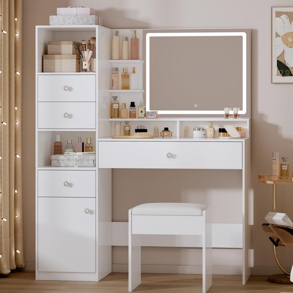 Vintage dresser with ornate mirror frame.

