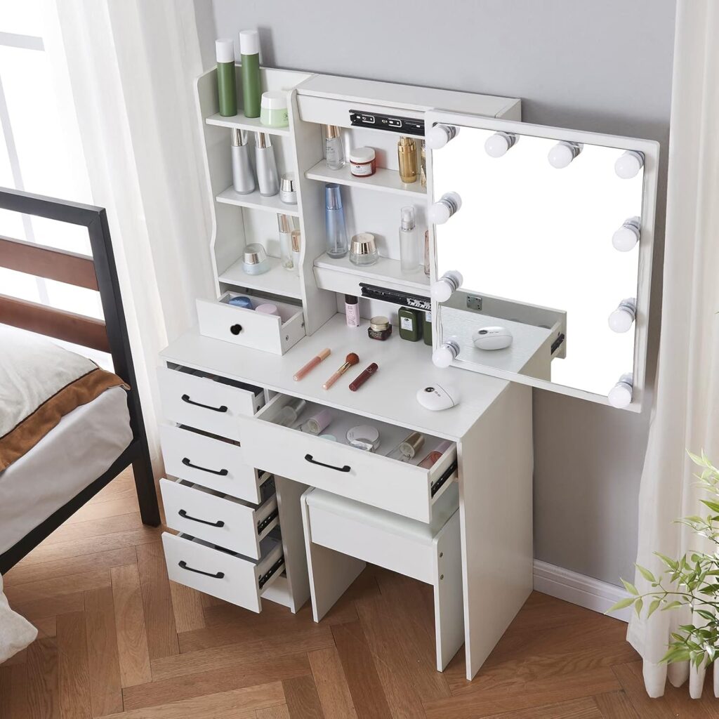 Dresser with adjustable mirror.

