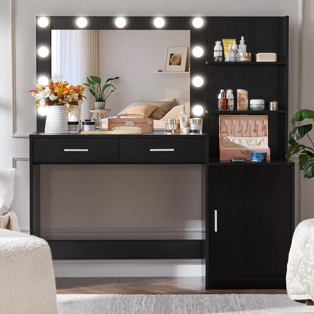 Luxury dresser with gold-trimmed mirror.